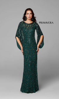 Sheer-Back Beaded Formal Dress with Sleeves 9713