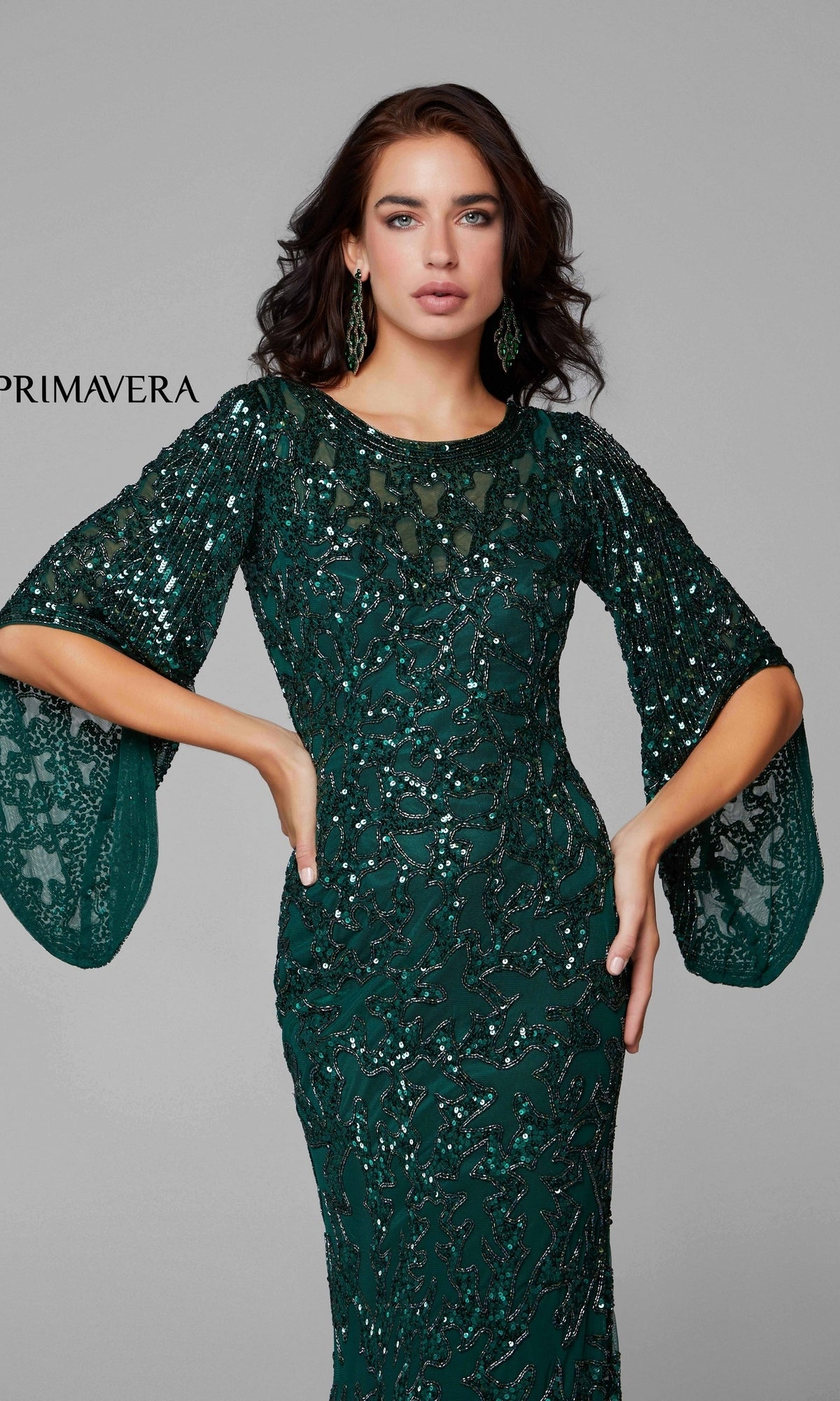 Sheer-Back Beaded Formal Dress with Sleeves 9713