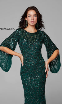 Sheer-Back Beaded Formal Dress with Sleeves 9713