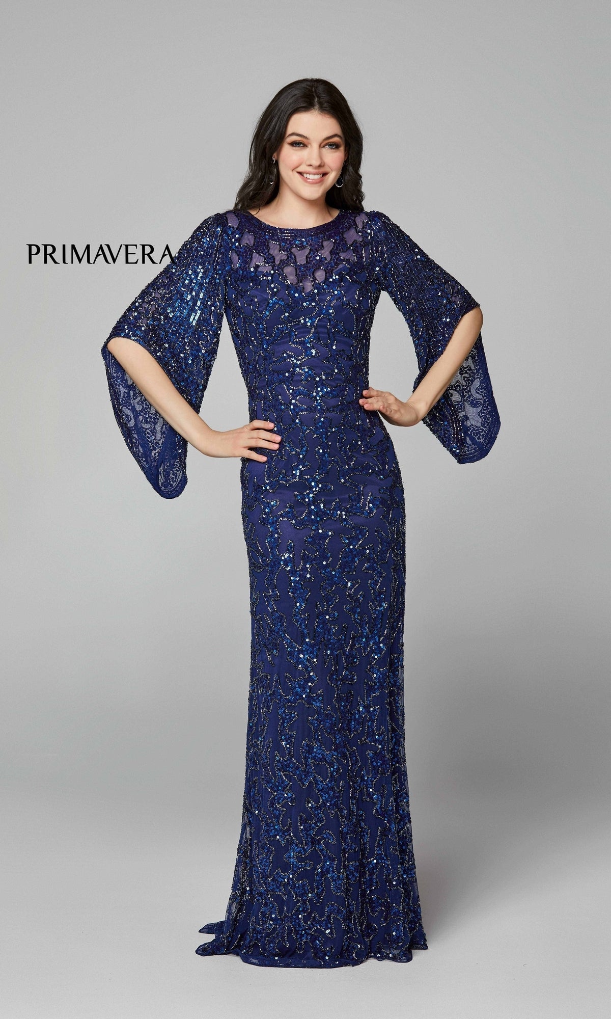 Sheer-Back Beaded Formal Dress with Sleeves 9713