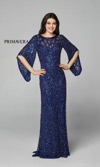 Sheer-Back Beaded Formal Dress with Sleeves 9713