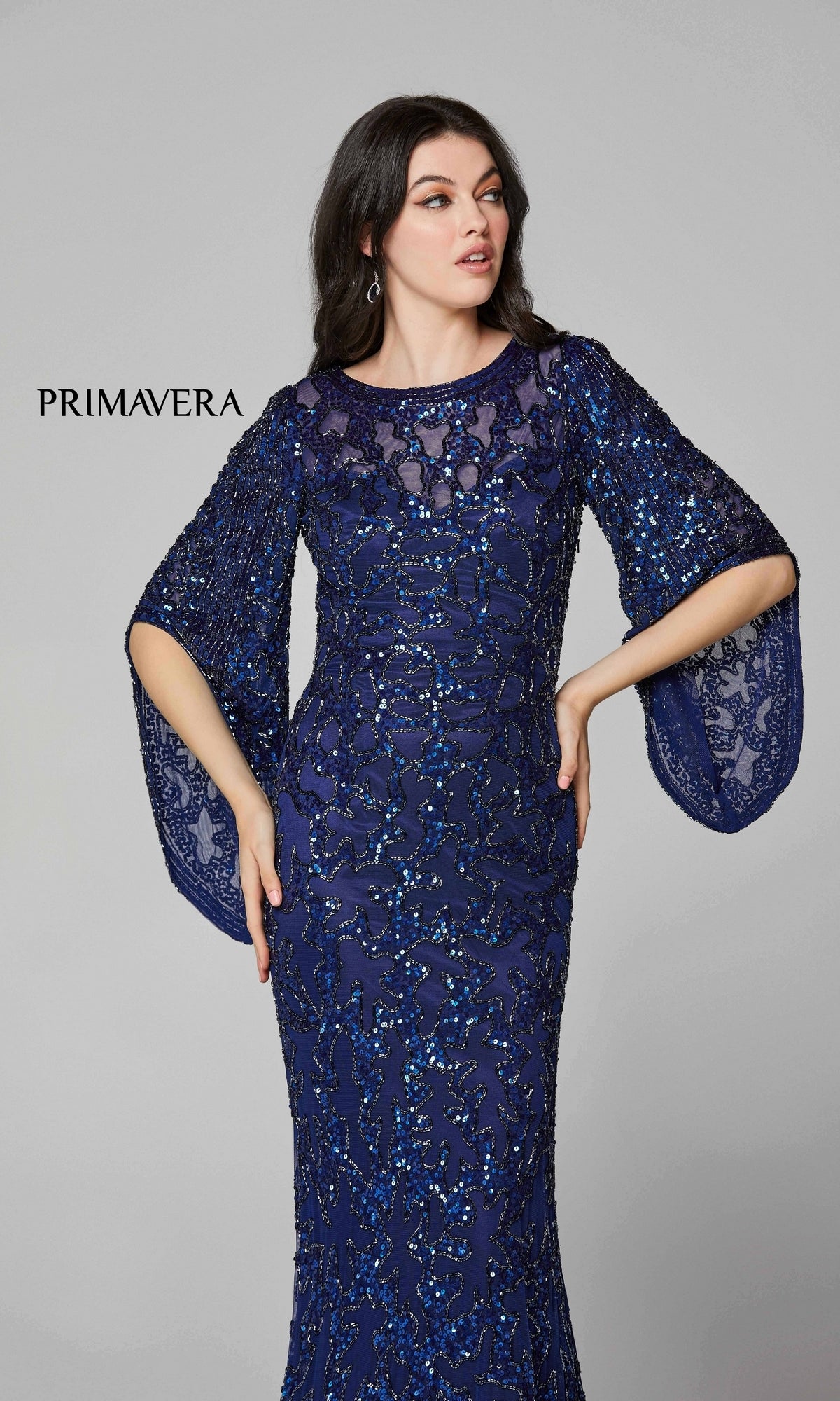 Sheer-Back Beaded Formal Dress with Sleeves 9713