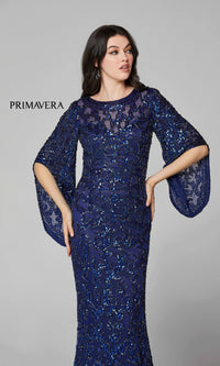 Sheer-Back Beaded Formal Dress with Sleeves 9713