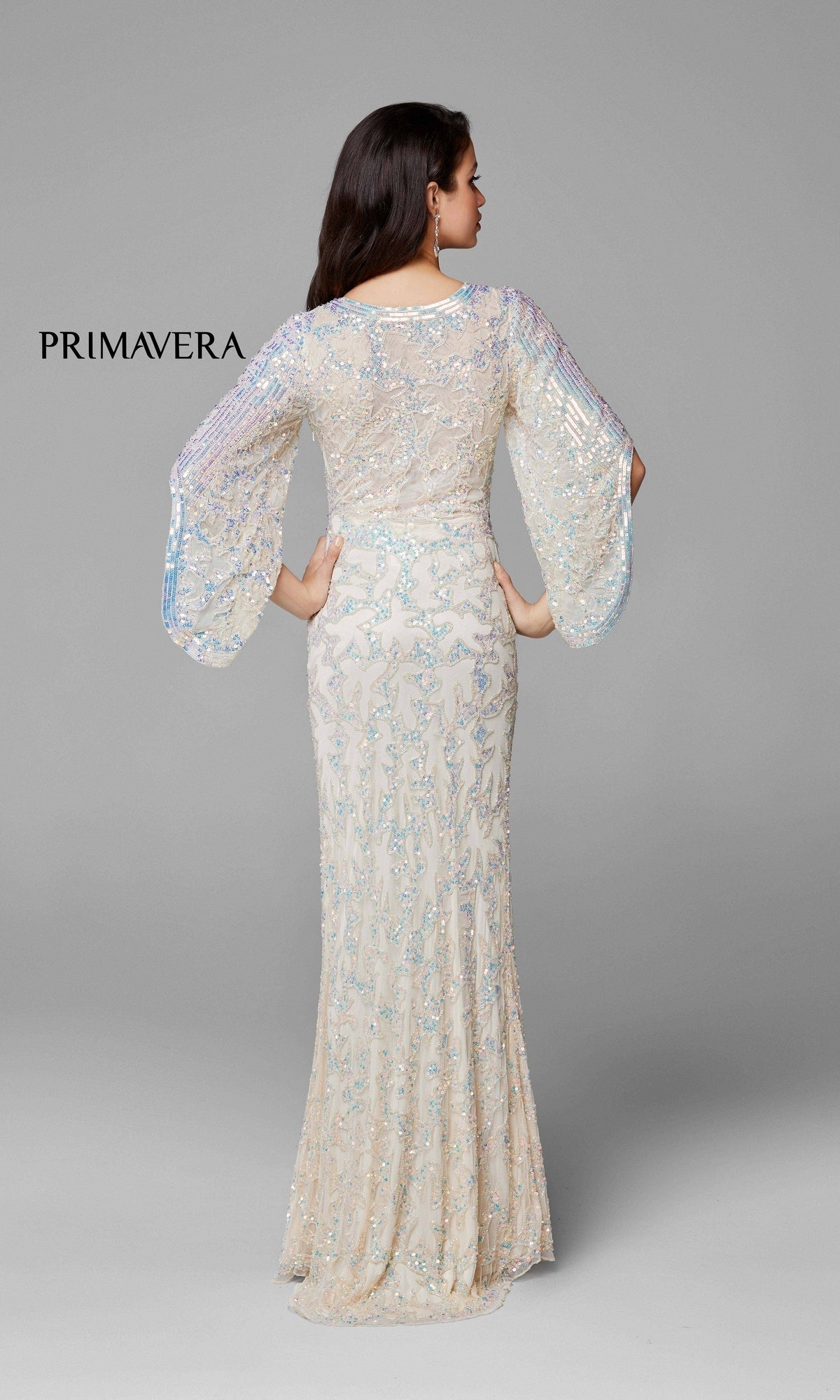 Nude Sheer-Back Beaded Formal Dress with Sleeves 9713