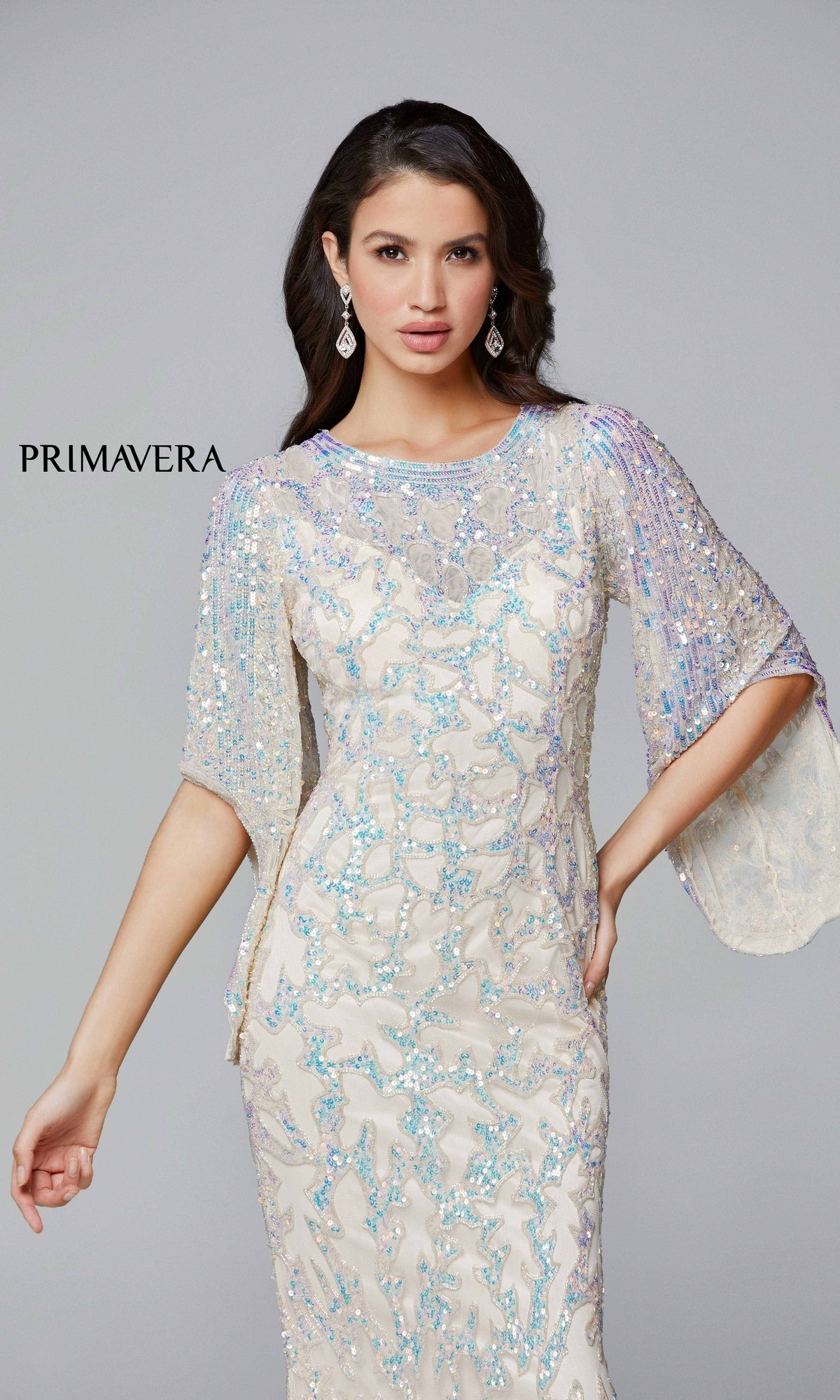 Sheer-Back Beaded Formal Dress with Sleeves 9713