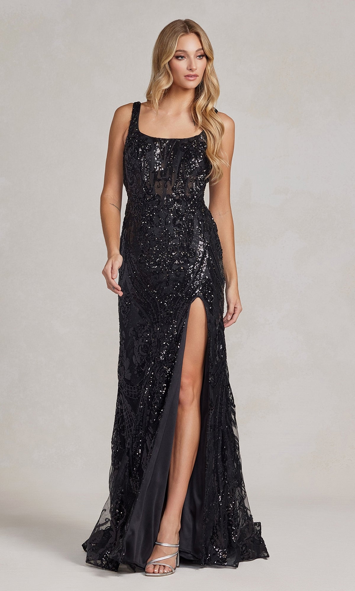 Square-Neck Sheer-Waist Long Sequin Prom Dress