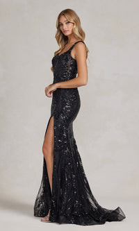 Square-Neck Sheer-Waist Long Sequin Prom Dress