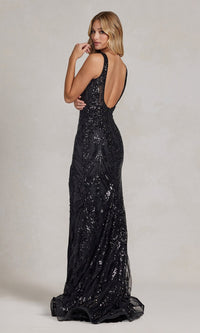 Square-Neck Sheer-Waist Long Sequin Prom Dress