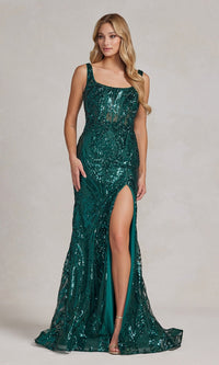 Emerald Square-Neck Sheer-Waist Long Sequin Prom Dress