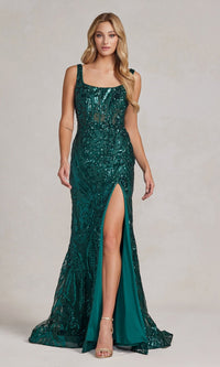 Square-Neck Sheer-Waist Long Sequin Prom Dress