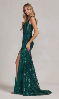 Square-Neck Sheer-Waist Long Sequin Prom Dress