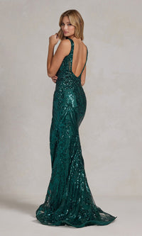 Square-Neck Sheer-Waist Long Sequin Prom Dress