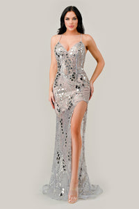 Silver Nude Long Formal Dress CC2292 by Ladivine