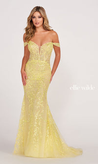 Yellow Off The Shoulder Lace Embroidered Prom Dress EW34007