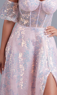 Puff-Sleeve Blush Pink Long Sequin Formal Dress