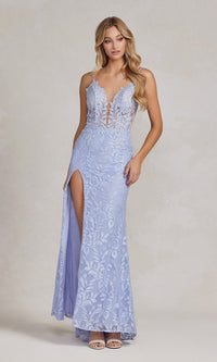  Sheer-Bodice Long Lace Prom Dress in Periwinkle
