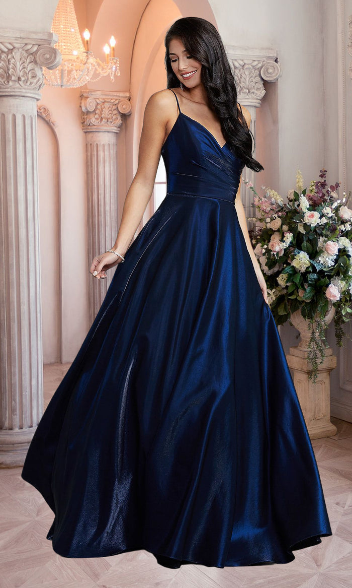Deep Sea Shimmer V-Neck Long Prom Ball Gown with Pockets