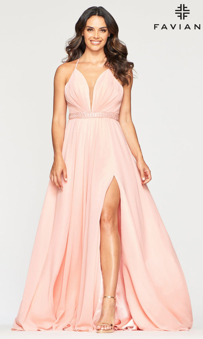 Soft Peach Faviana Long Chiffon Beaded-Waist Prom Dress