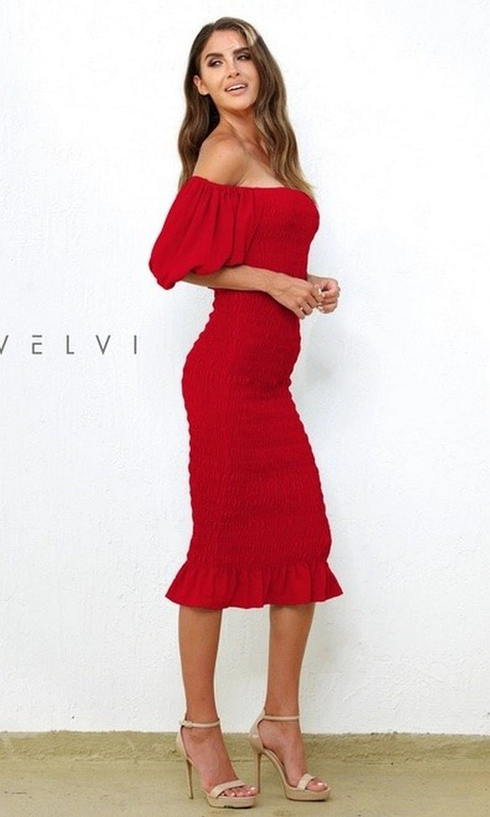 Red Skyla by Velvi Midi Wedding Guest Dress