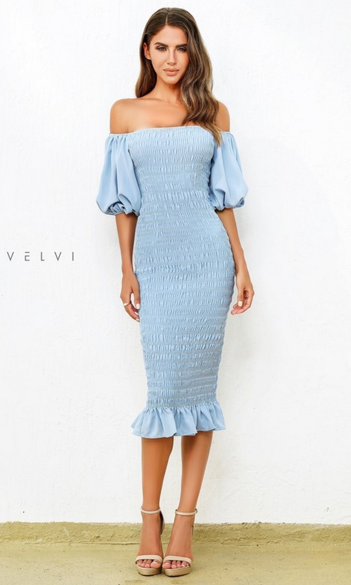 Light Blue Skyla by Velvi Midi Wedding Guest Dress