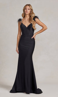  Backless Feathered Long Formal Dress