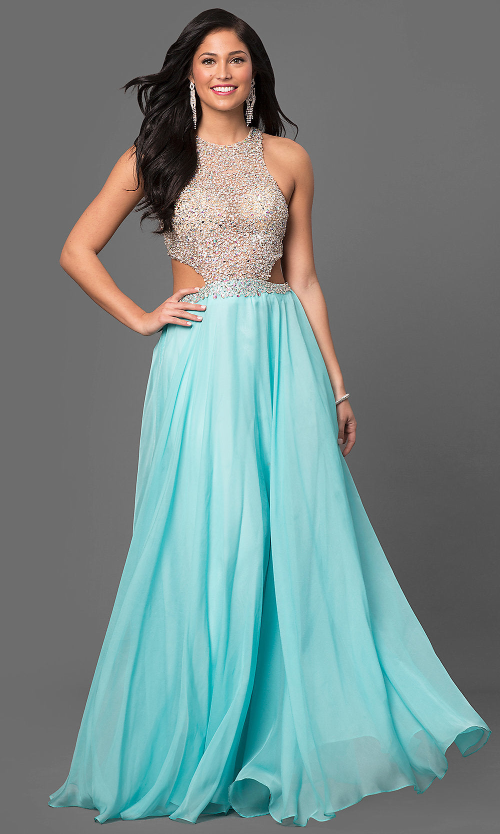 Aqua A-Line Long Chiffon Beaded Sheer Bodice Dress