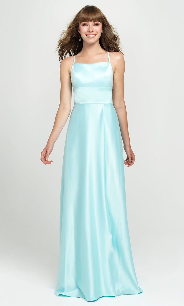 Aqua Lace-Up Open-Back Long Satin Formal Prom Dress