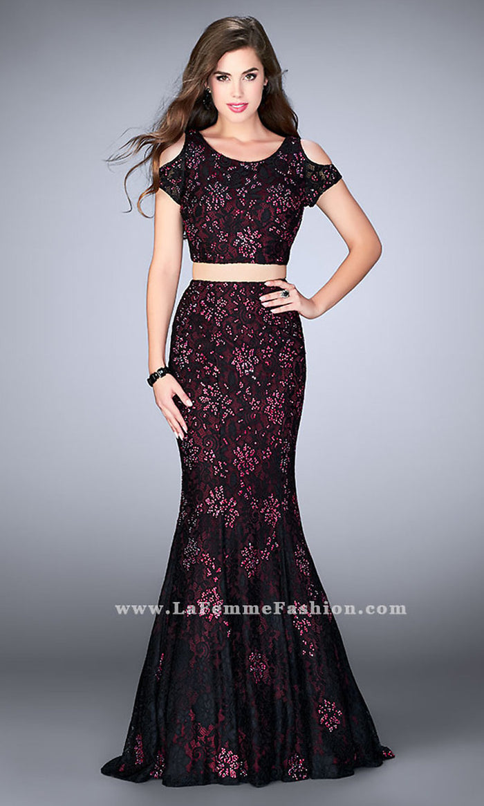 Black/Boysenberry Two-Piece La Femme Lace Dress