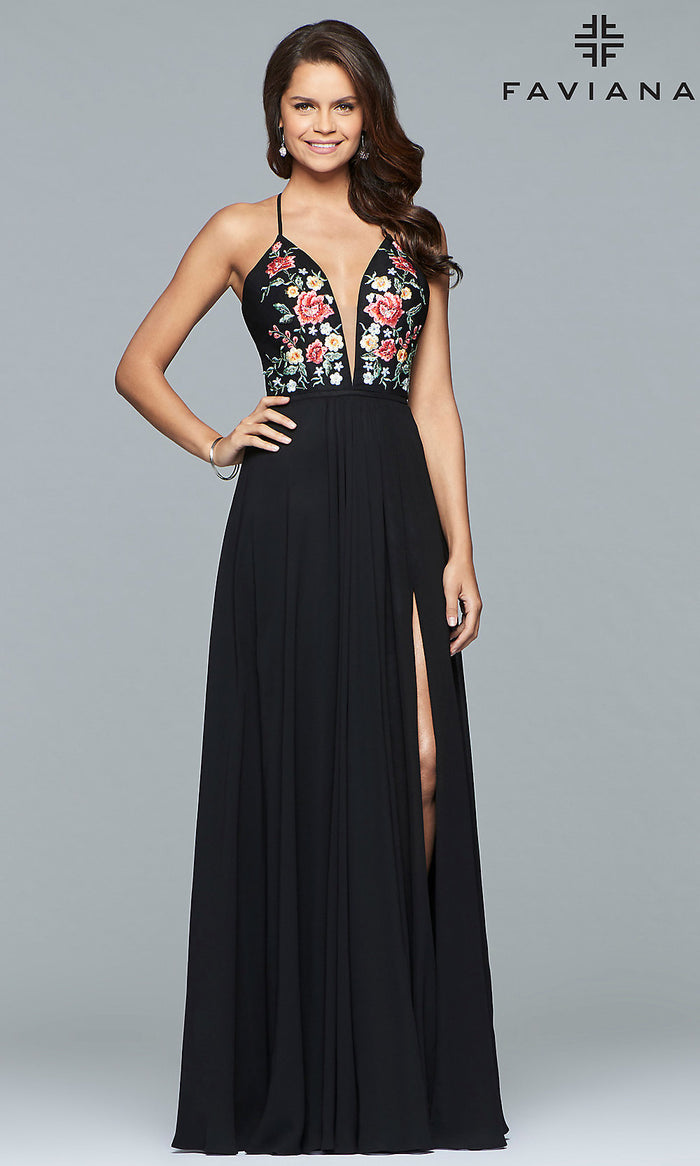 Black Embroidered-Bodice Long Faviana Chiffon Prom Dress