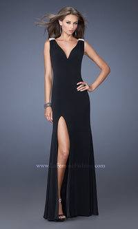 Black La Femme Long Prom Dress with Sheer Back