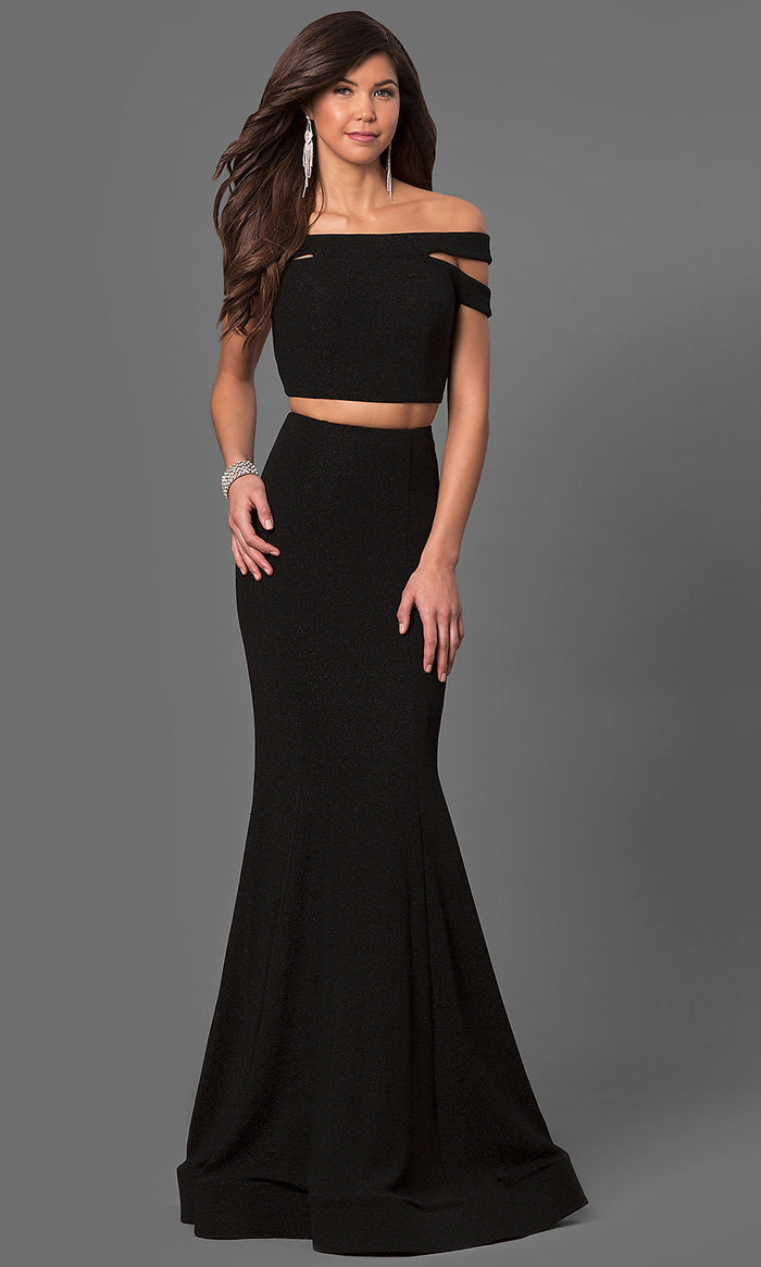 Black Glitter Jersey Two-Piece Off-the-Shoulder Gown