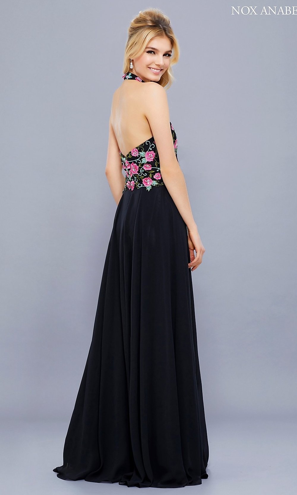  Embroidered-Bodice Long Halter A-Line Prom Dress
