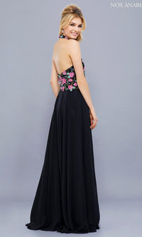  Embroidered-Bodice Long Halter A-Line Prom Dress
