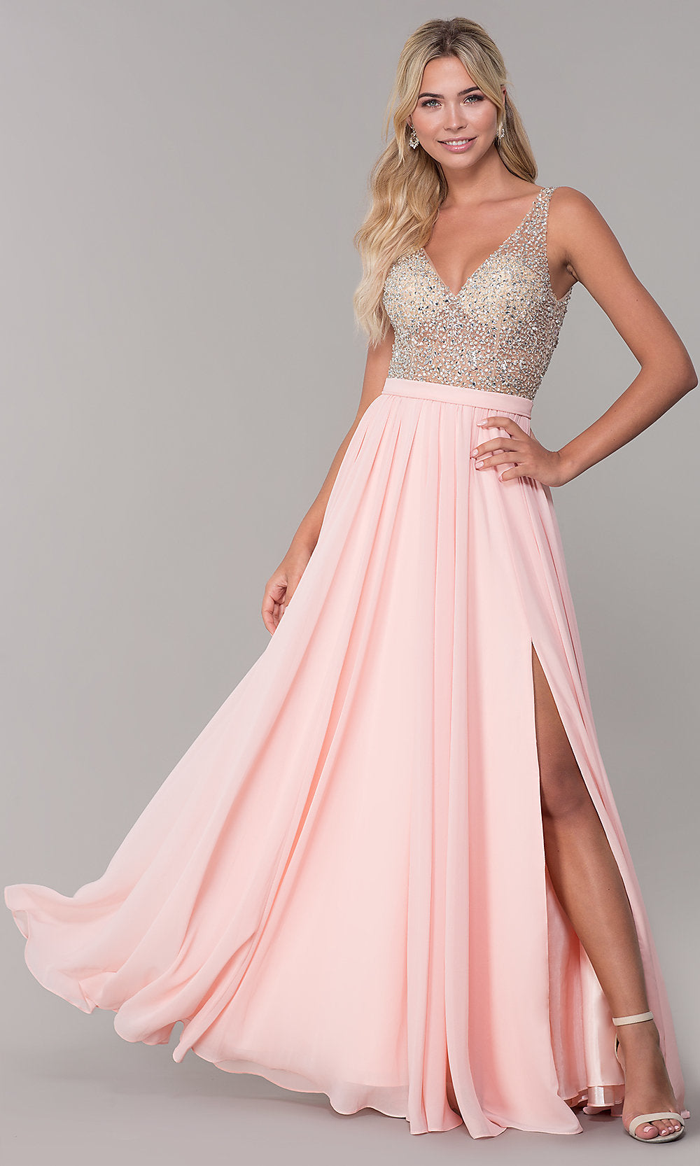 Blush Beaded-Bodice Long Chiffon Formal Dress for Prom