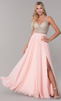 Blush Beaded-Bodice Long Chiffon Formal Dress for Prom