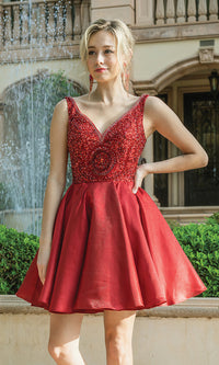 Burgundy Short Prom Dress with Sequin-Embellished Bodice