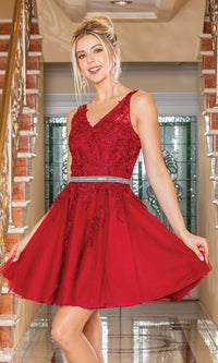 Burgundy Sheer-Bodice Babydoll Short Semi-Formal Dress