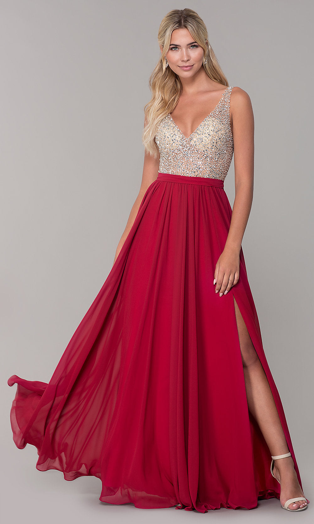 Burgundy Beaded-Bodice Long Chiffon Formal Dress for Prom