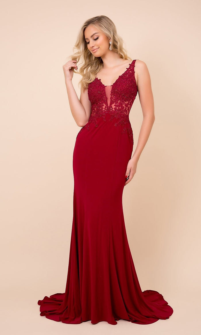 Burgundy Embroidered Sheer-Bodice Long Formal Prom Gown