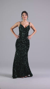 Sequin-Velvet Open-Back Long Formal Dress