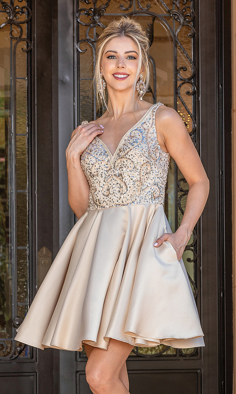Champagne Short Prom Dress with Sequin-Embellished Bodice