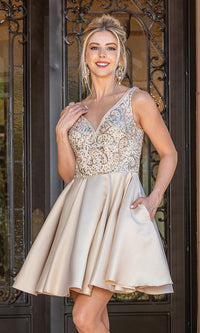 Champagne Short Prom Dress with Sequin-Embellished Bodice