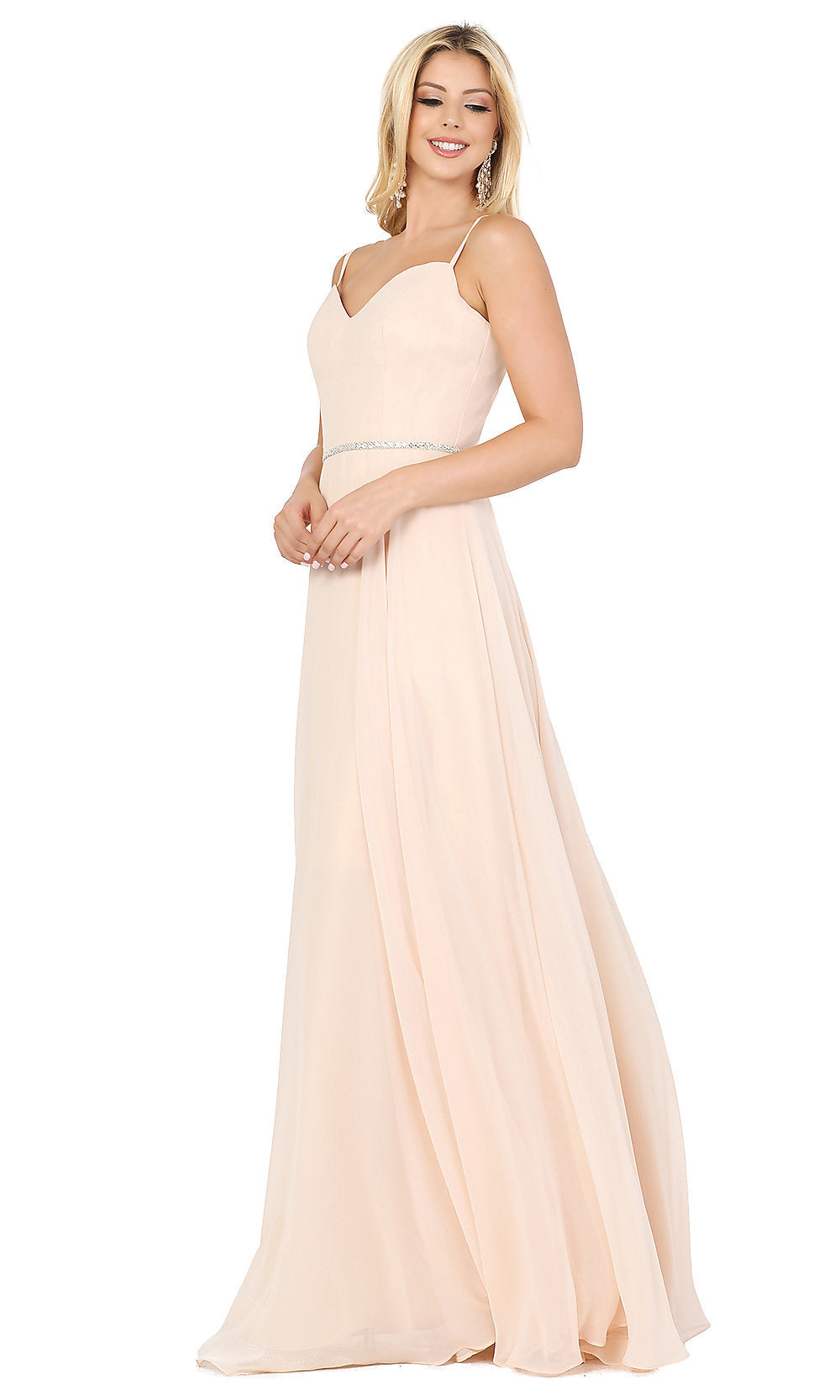 Champagne Corset-Back A-Line Prom Gown with Beaded Waist