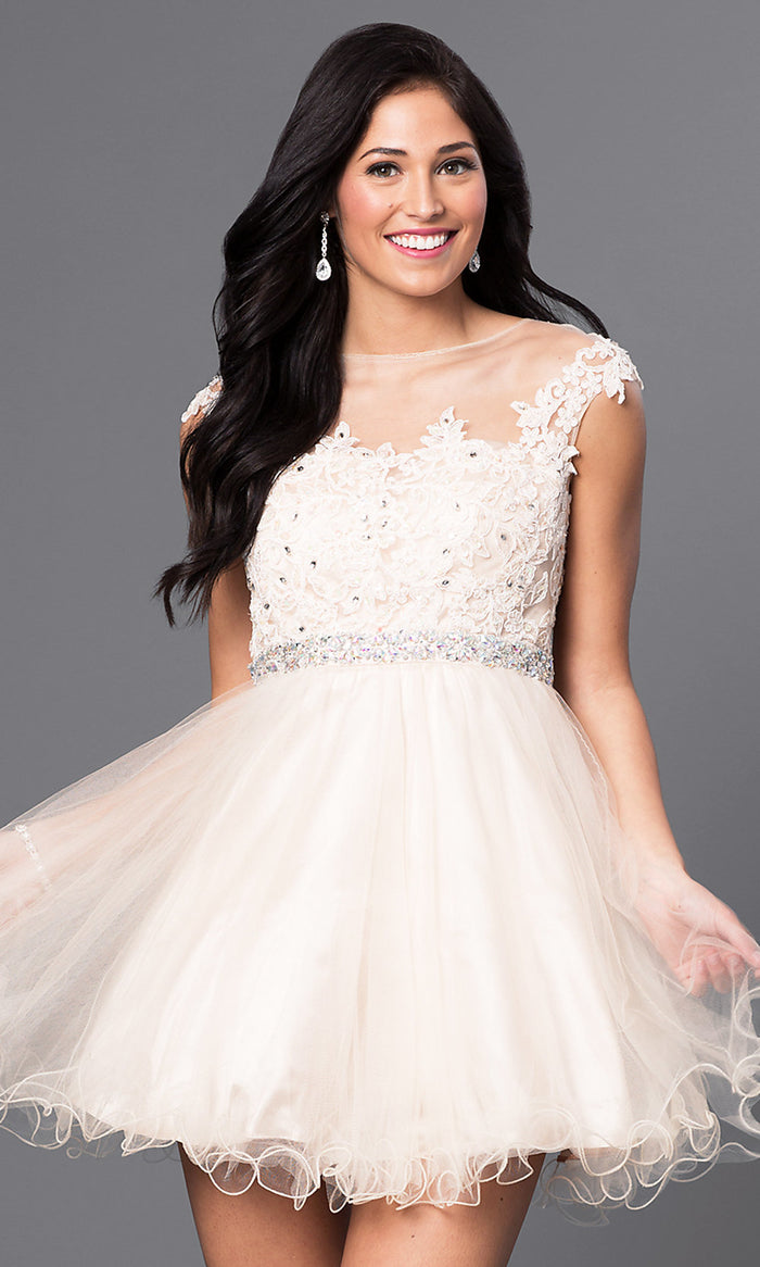 Champagne Embroidered Short Babydoll Formal Homecoming Dress