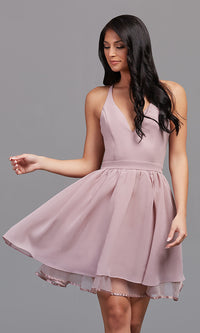 Dusty Lavender Chiffon Short V-Neck Homecoming Dress with Lace Back