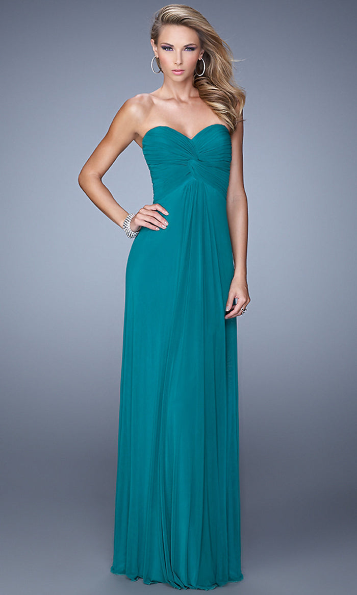 Emerald Strapless Long La Femme Prom Dress with Front Knot