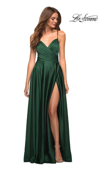 Emerald V-Neck A-Line La Femme Long Satin Prom Dress