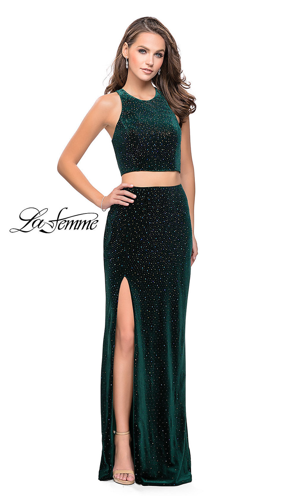 Forest Green Open-Back Two-Piece Beaded Velvet Prom Dress