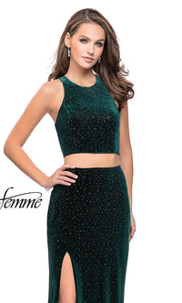 Open-Back Two-Piece Beaded Velvet Prom Dress