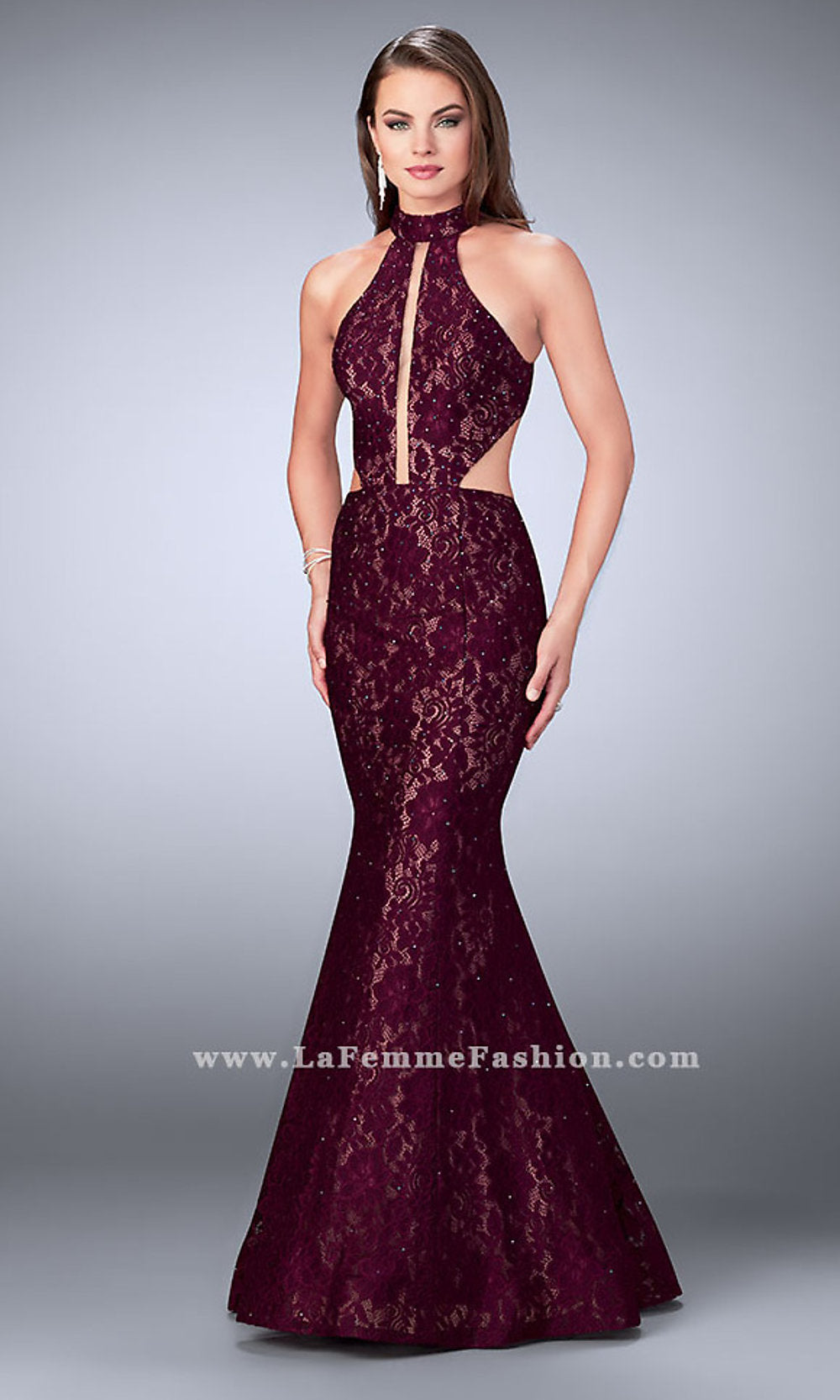 La Femme Long Lace Prom Dress